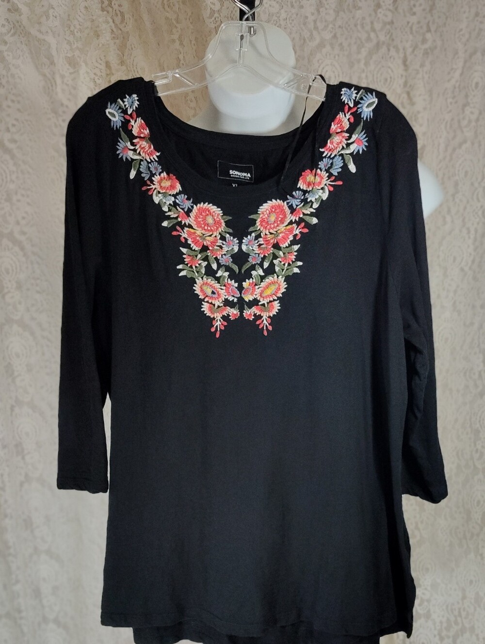 SONOMA Black Long-Sleeve Scoop Neck Top with Coral Floral Embroidery